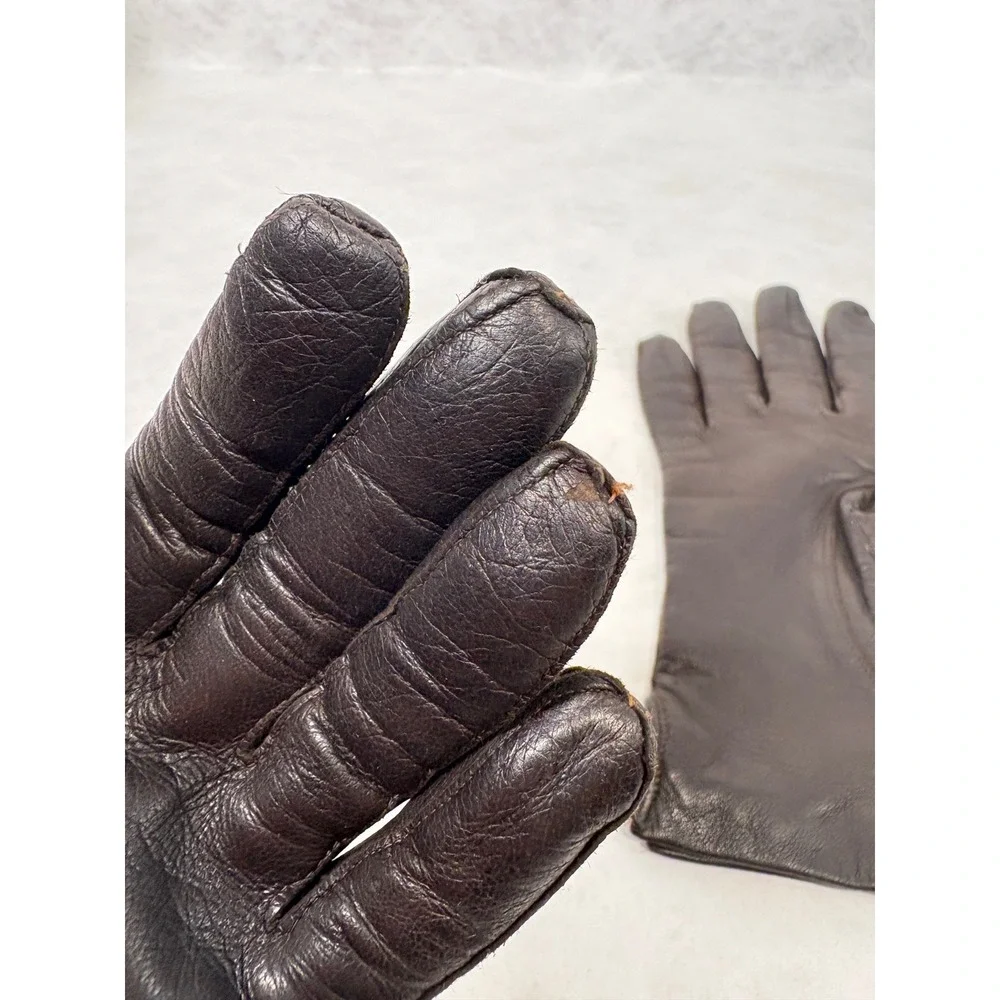 Vintage Dark Brown Leather Gloves Knit Lined Small Medium Winter Classic Brown